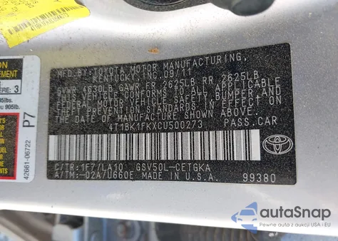 2012 Toyota Camry Se/Xle из США, поврежденный, VIN 4T1BK1FKXCU500273